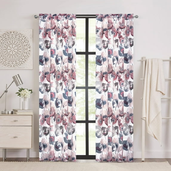 Achim Poppy Field Floral Rod Pocket Room Darkening Curtain Panel, Blush, 50" x 63"