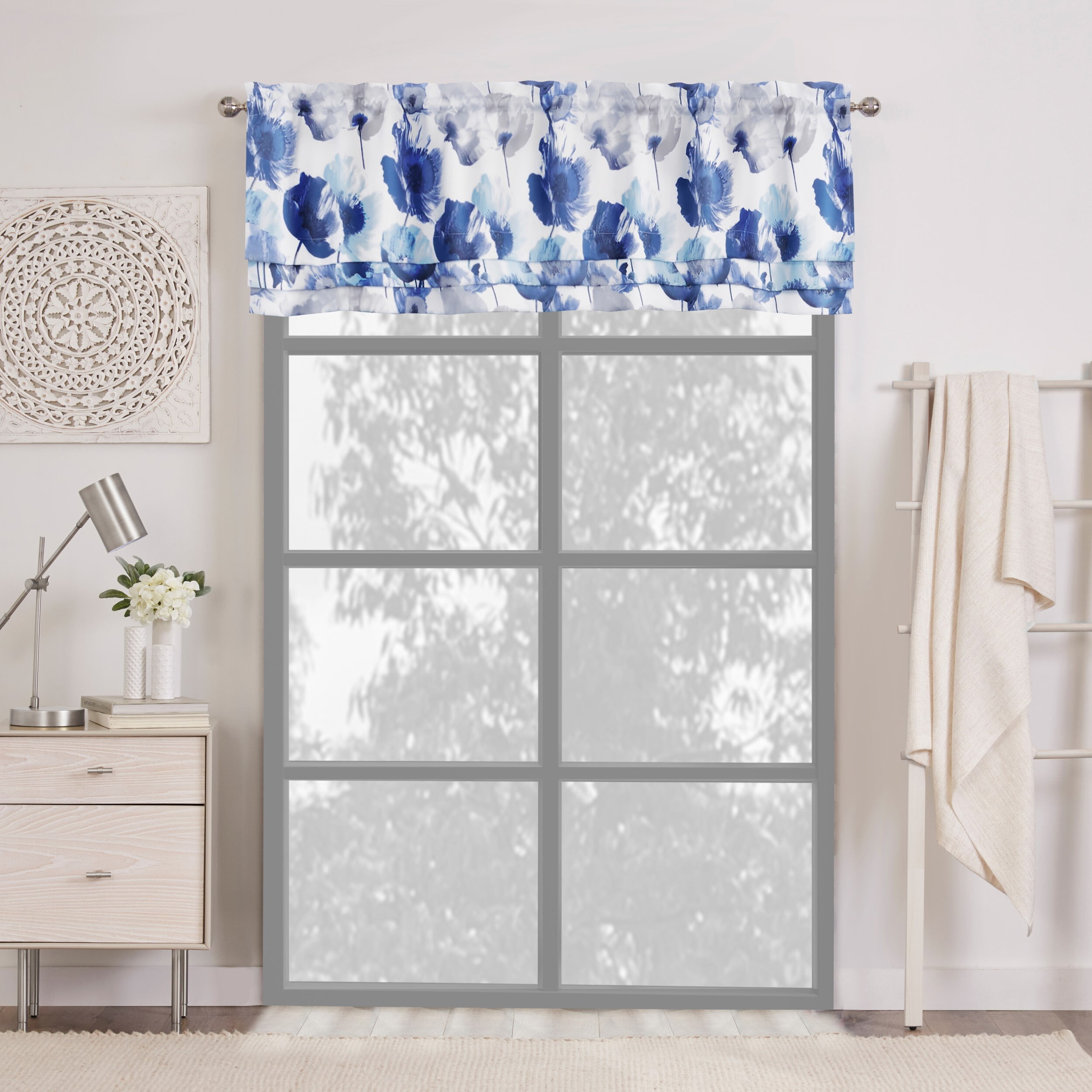 Blue Floral Room Darkening Polyester Window Valance, 50" x 17"