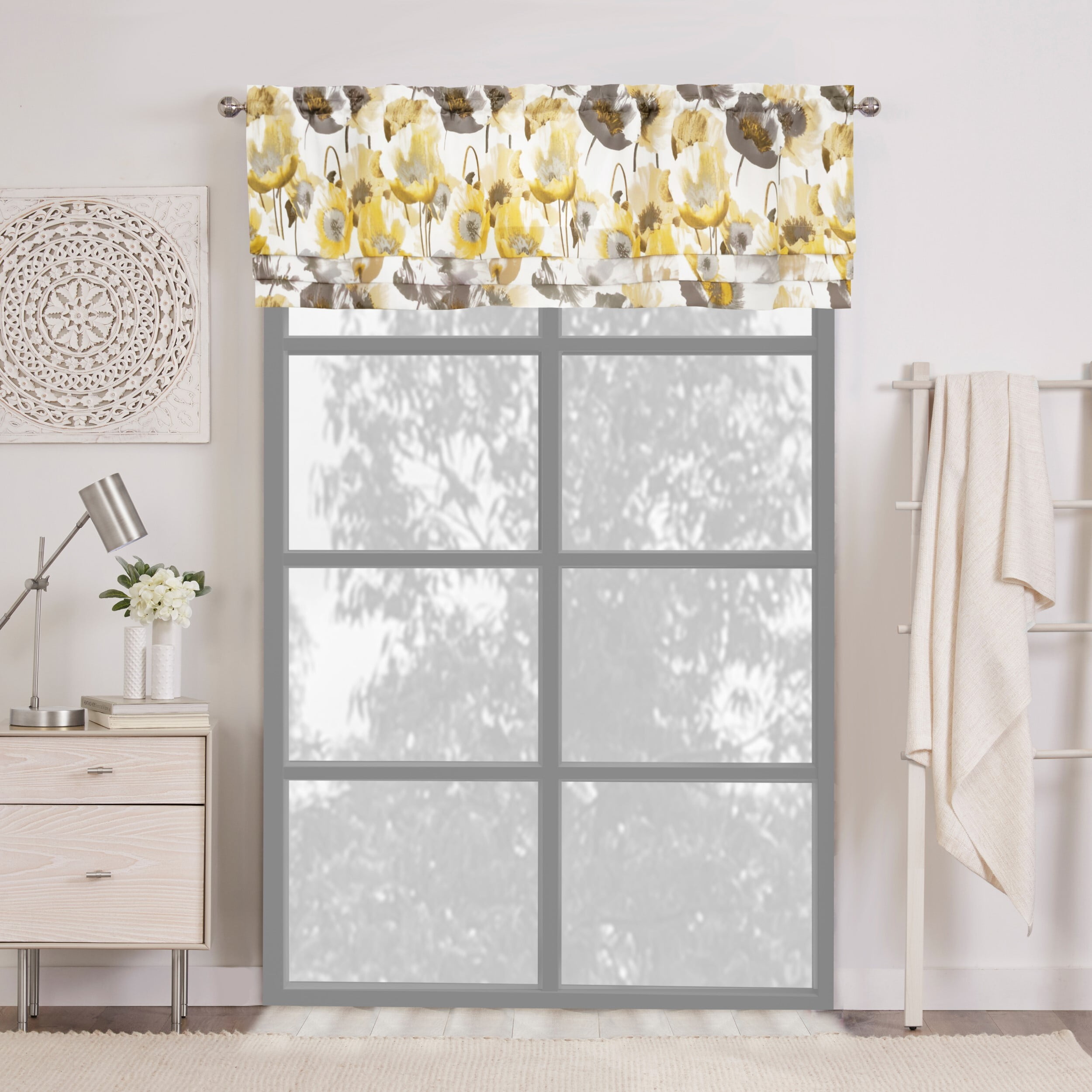 Poppy Field Floral Gray Polyester Rod Pocket Valance, 50" x 17"