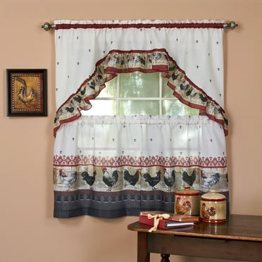 Achim Rooster Light Filtering Printed Tier and Swag Window Curtain Set, Burgundy, 36" x 57"