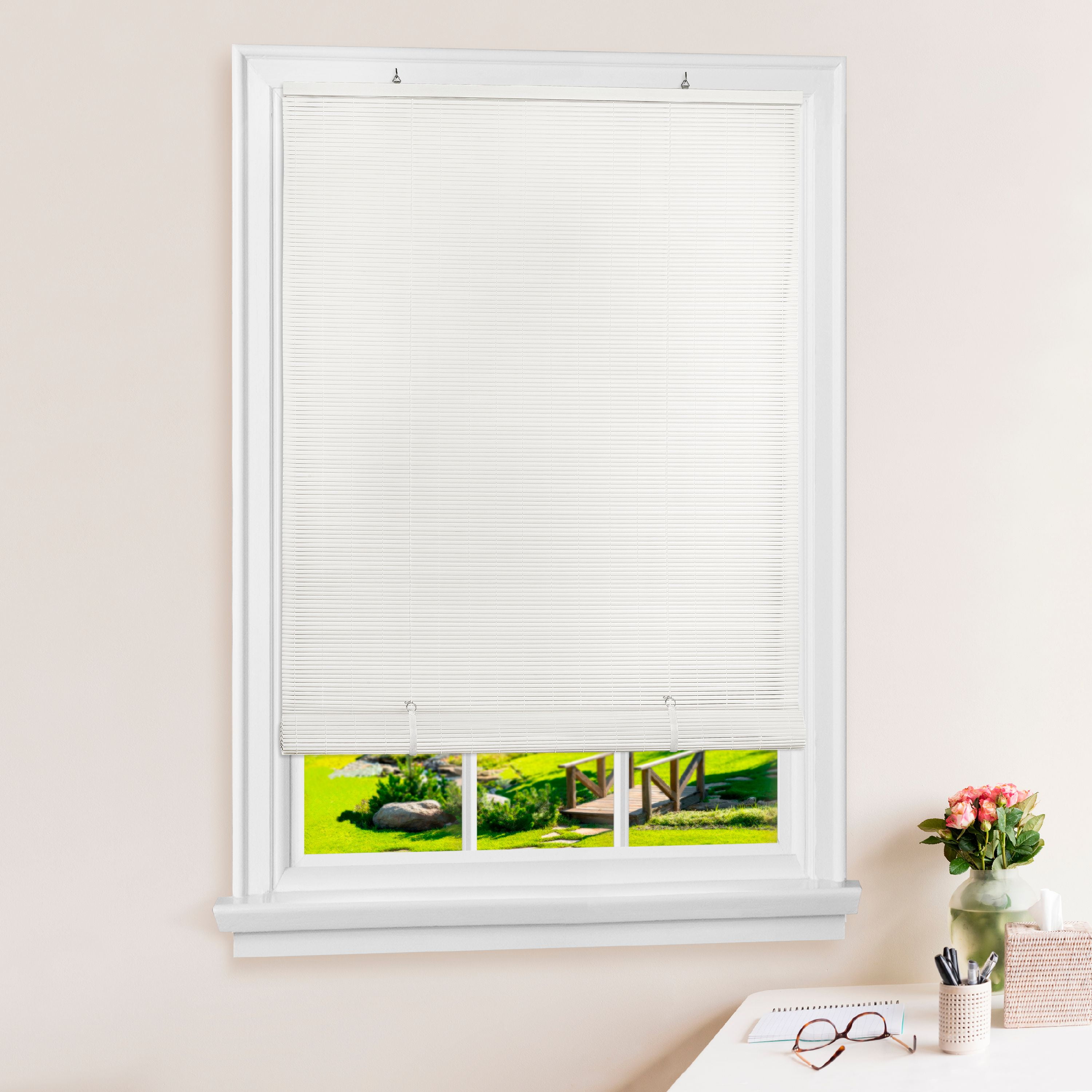 Cordless Solstice 72" White Vinyl Roll-Up Outdoor Blind