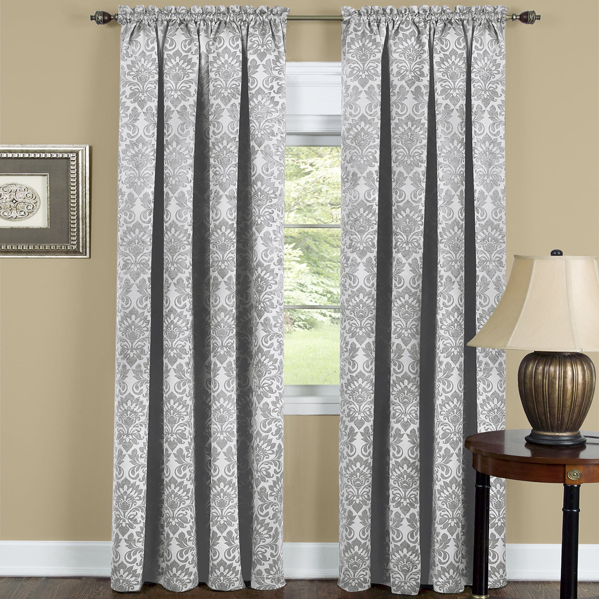 Sutton Silver Polyester Blackout Damask Ground Length Drapes
