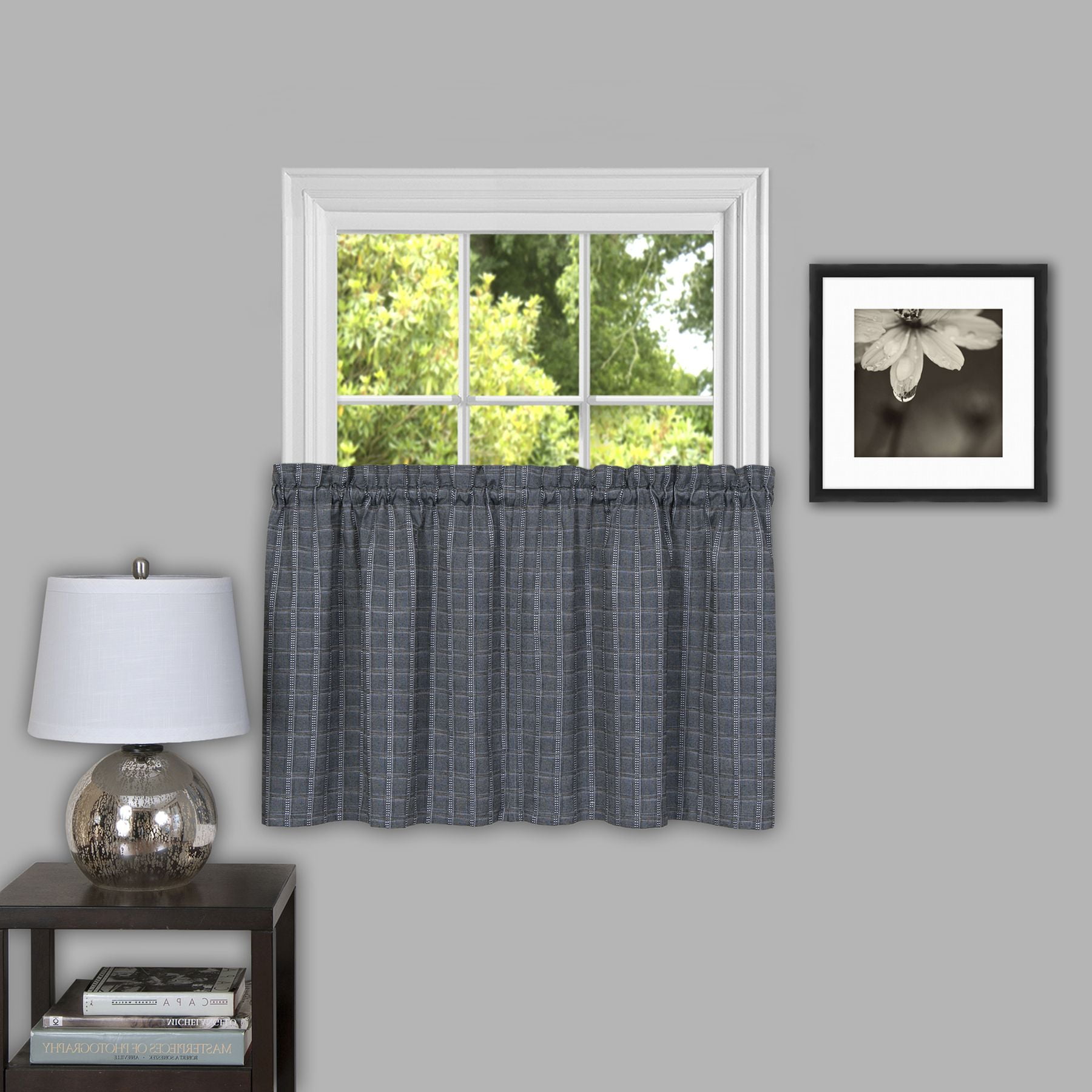 Gray Plaid Light Filtering Rod Pocket Curtain Tier