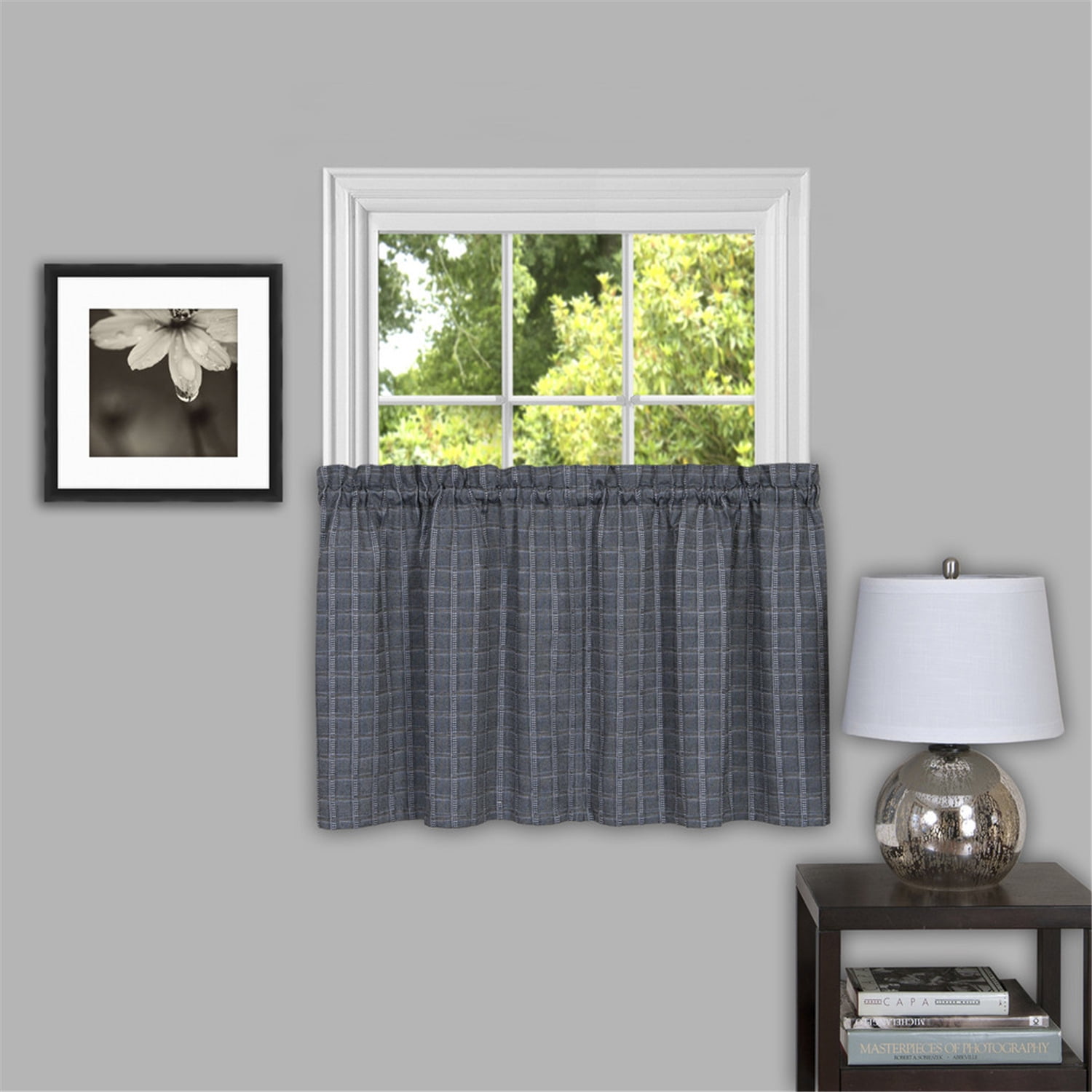 Gray Plaid Light Filtering Rod Pocket Curtain Tier