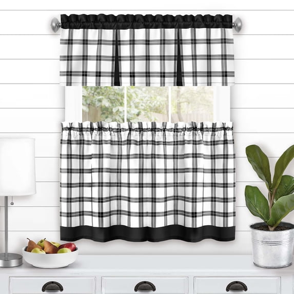 Achim Tate Plaid Light Filtering Tier and Valance Curtain Set, Black, 58" x 36"