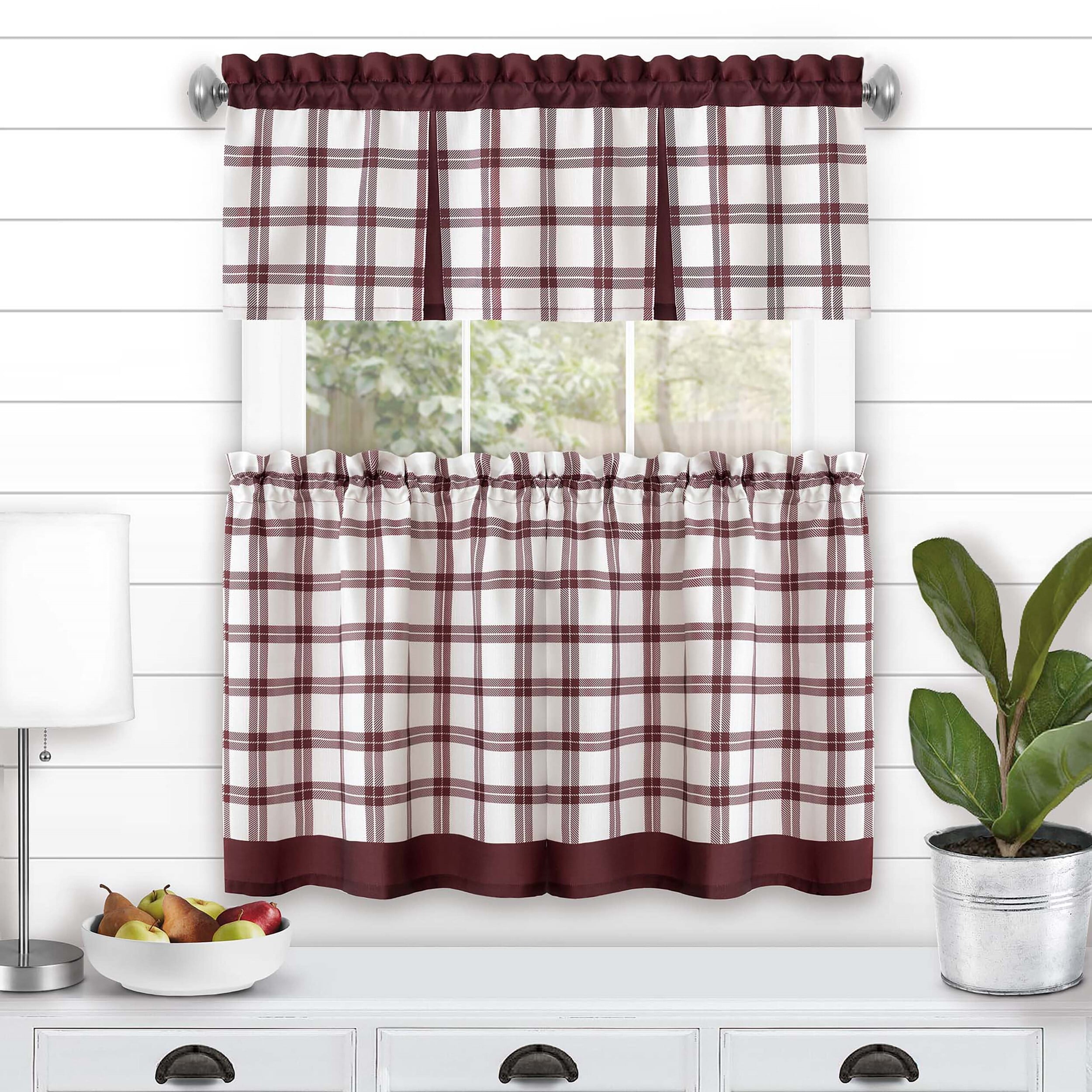 Tate Blue and White Plaid Polyester Kitchen Tier and Valance Set