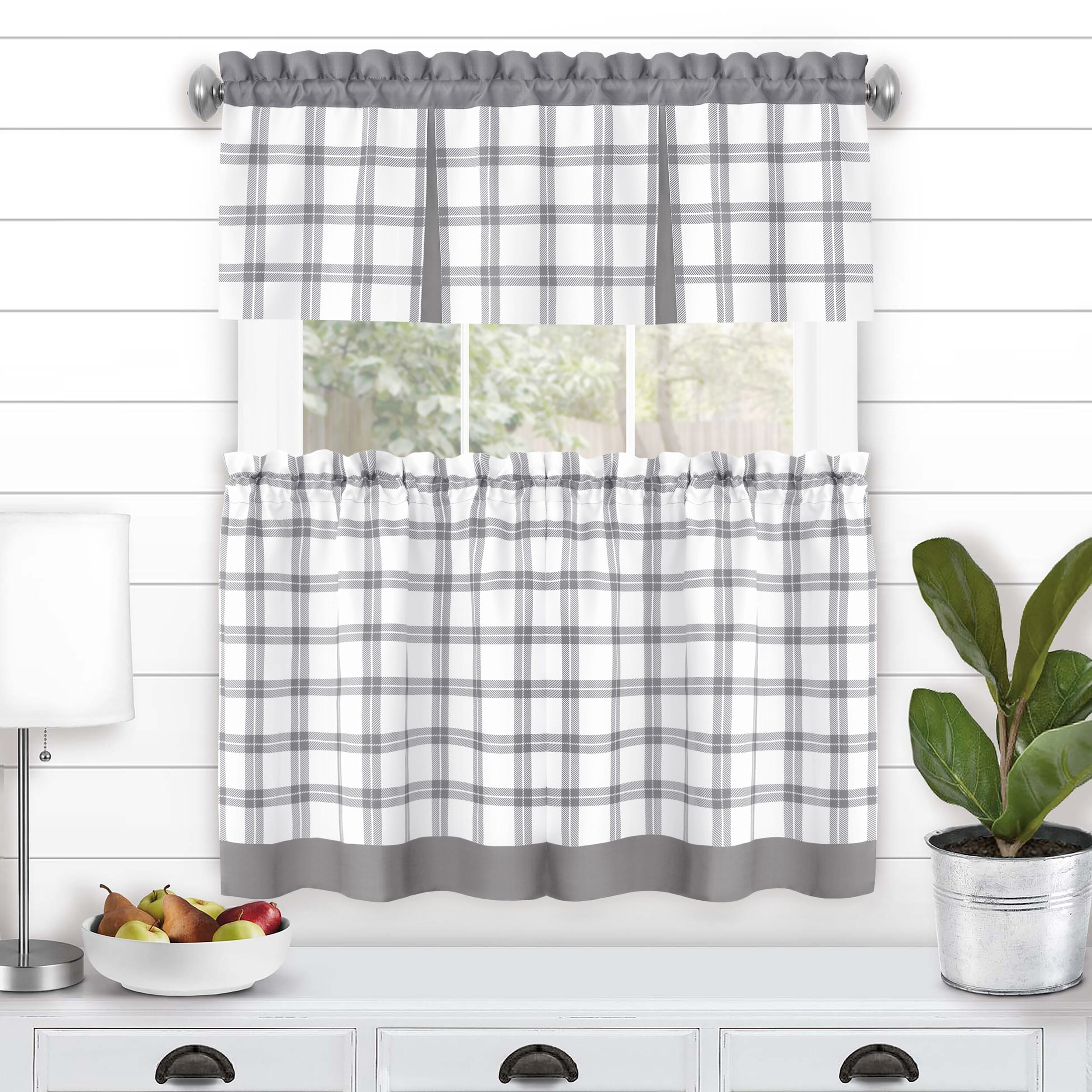 Gray Plaid Light Filtering Tier and Valance Curtain Set