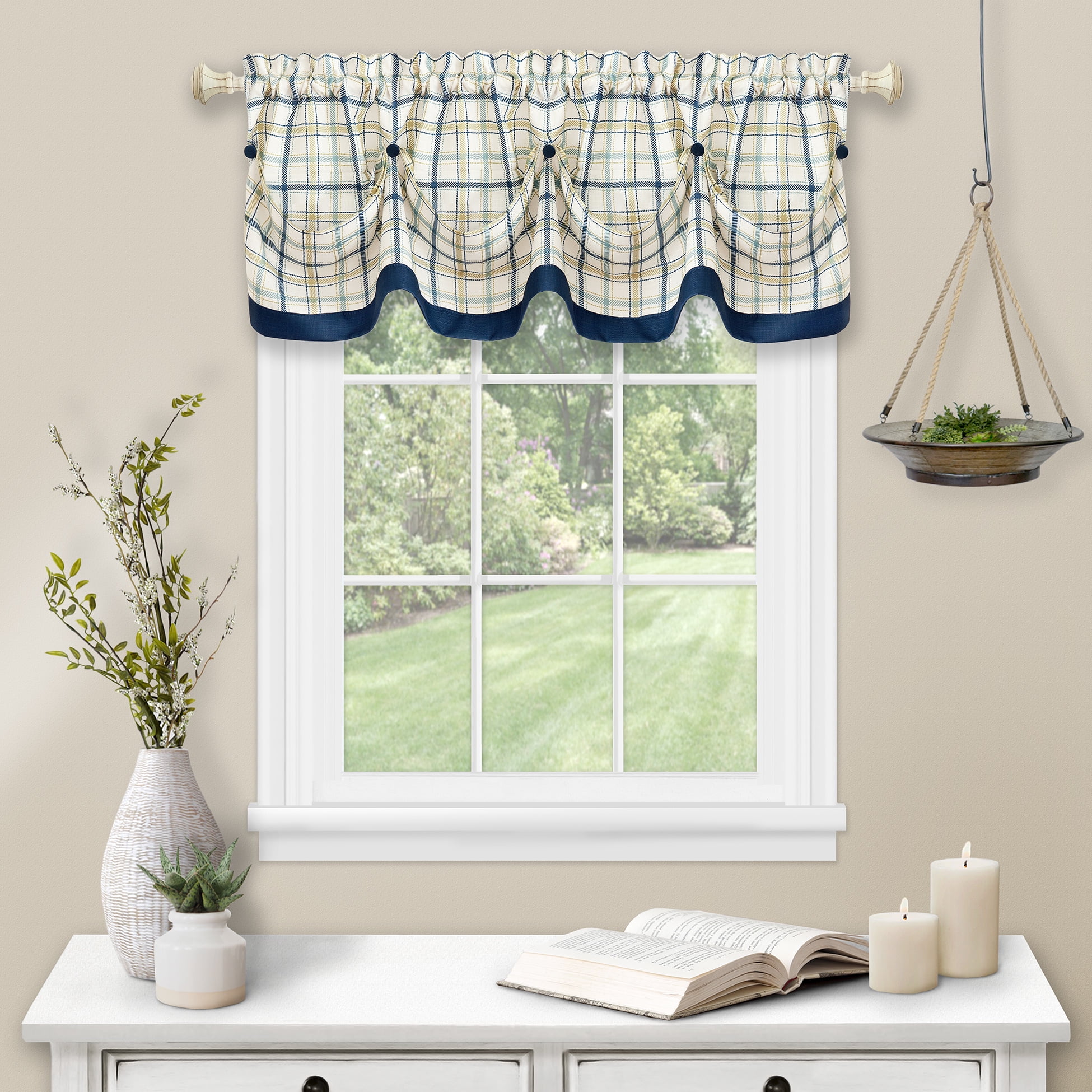 Navy Plaid Polyester Rod Pocket Valance with Buttons