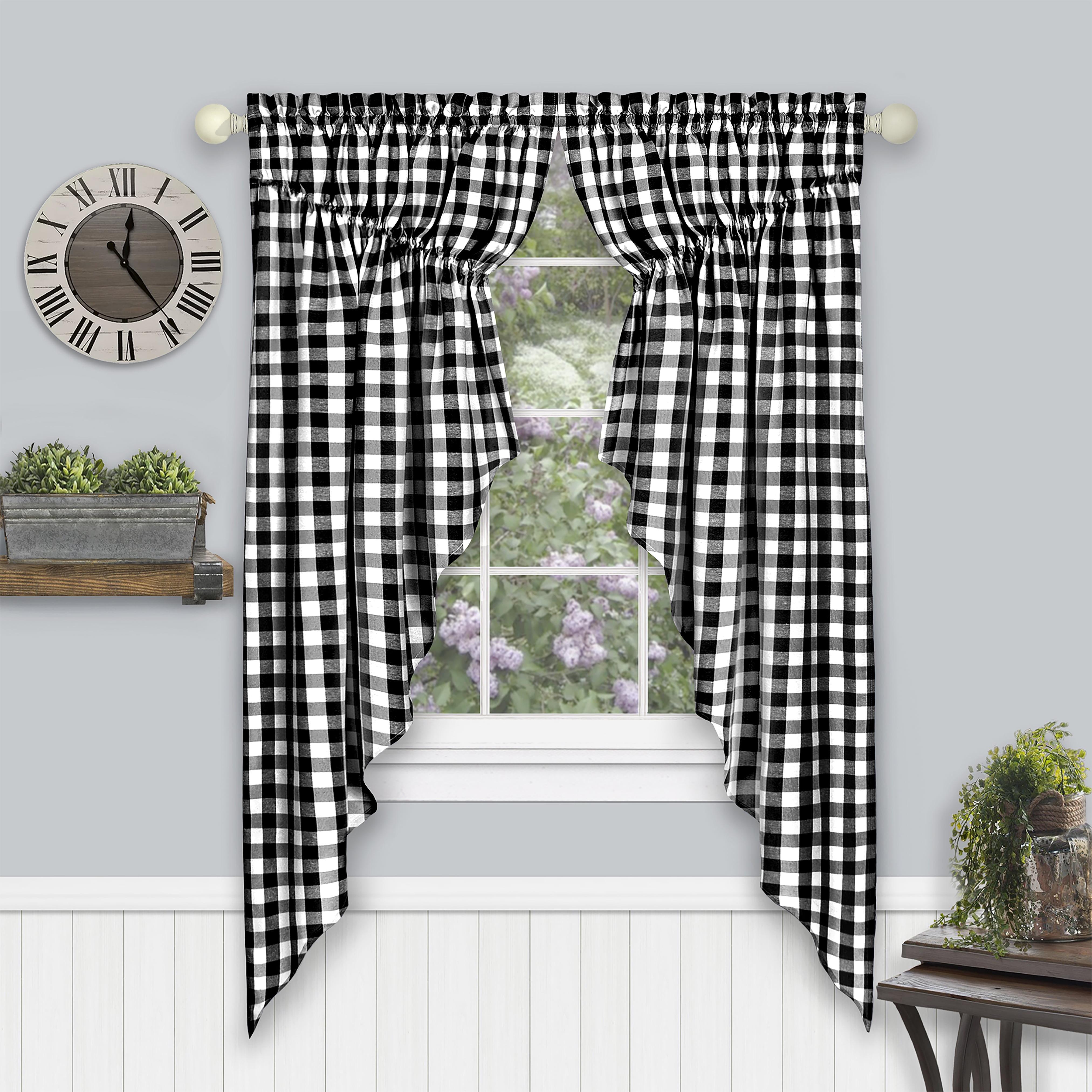 Buffalo Check Black and White Cotton Polyester Light Filtering Window Drapes