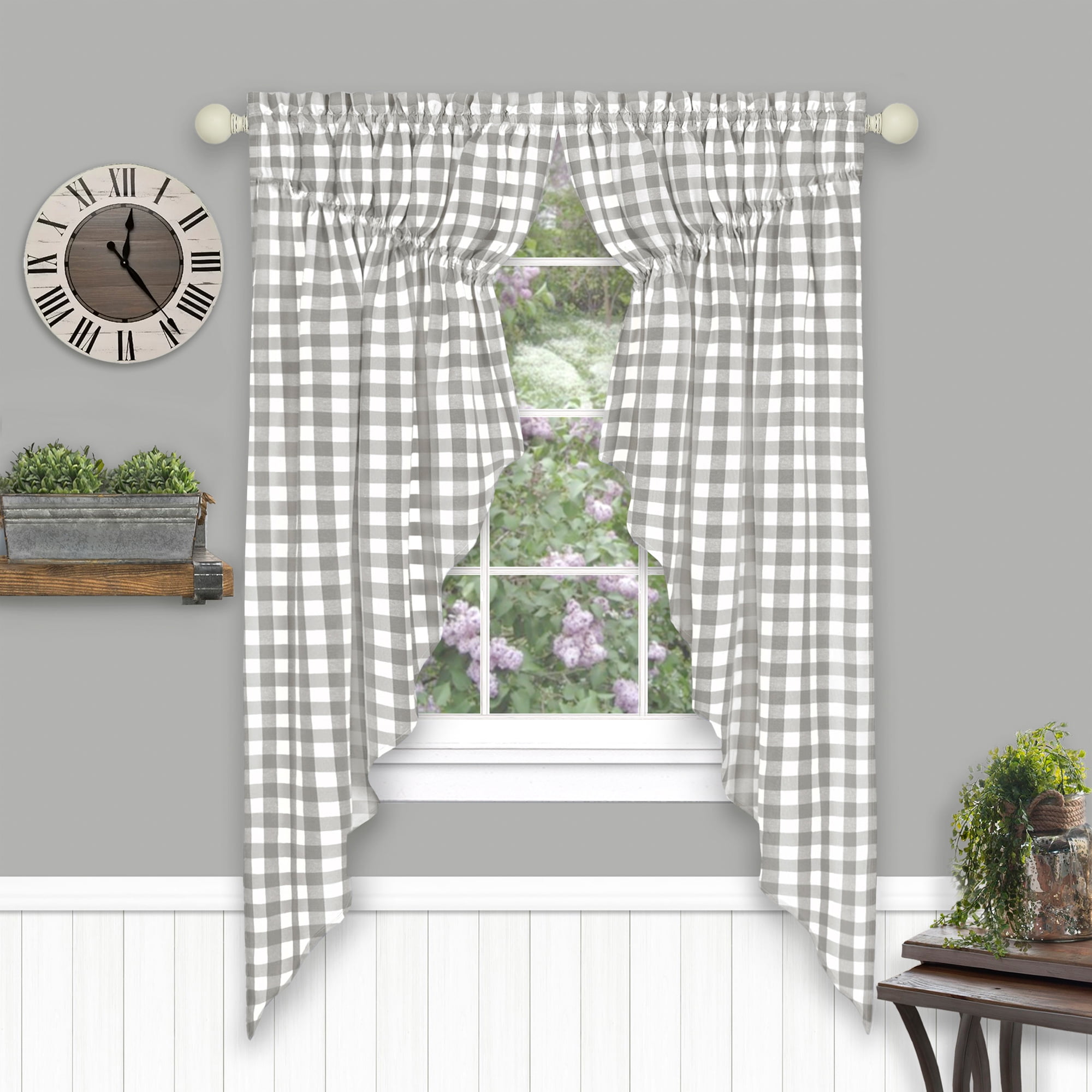 Gray Buffalo Check Light Filtering Cotton Polyester Swag Curtains, 63 x 72