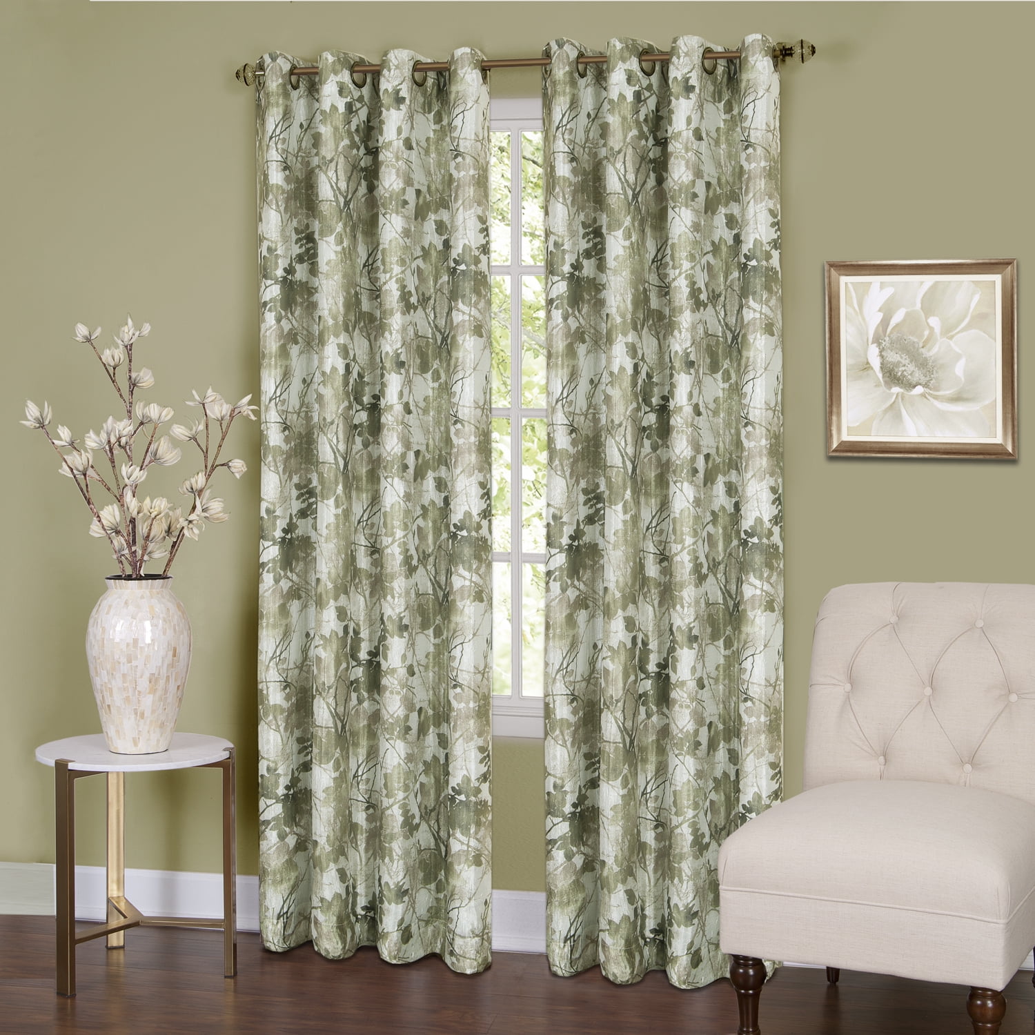 Green Floral Blackout Polyester Grommet Window Curtain Panel, 50 x 63 Inches