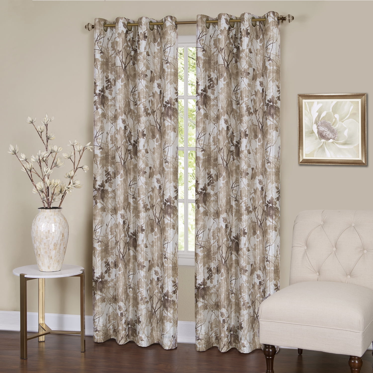 Tan Floral Blackout Grommet Polyester Window Drapes, 50x63