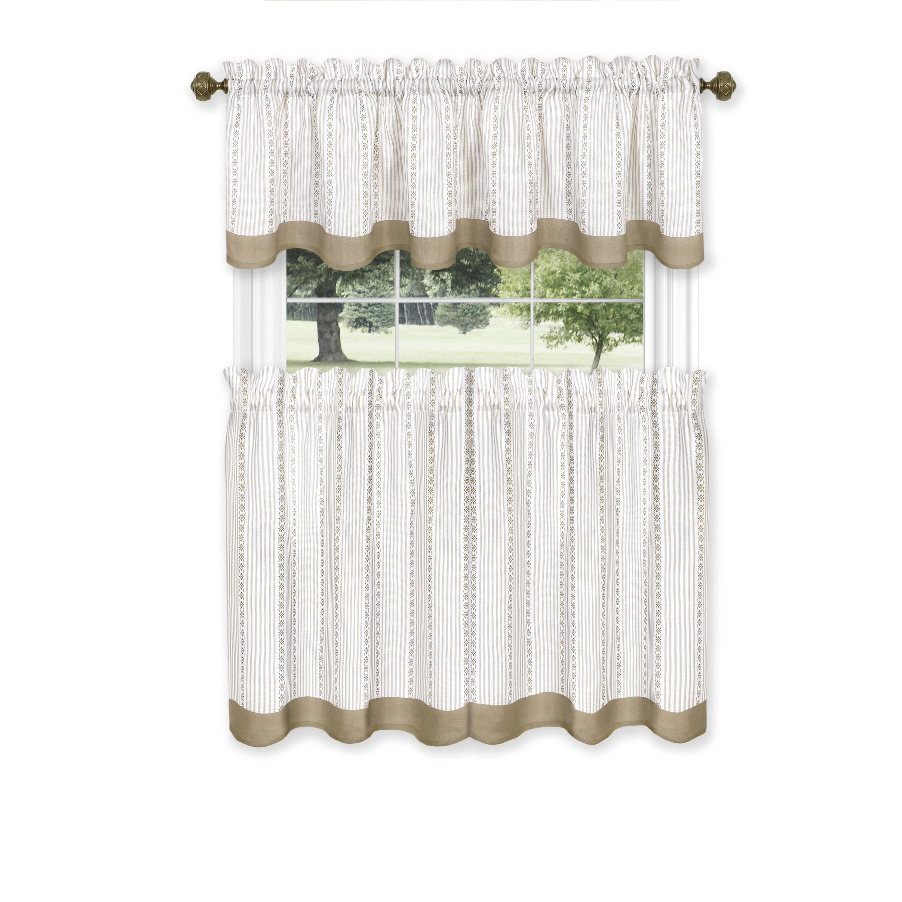 Taupe and White Polyester Kitchen Tier Curtain Set