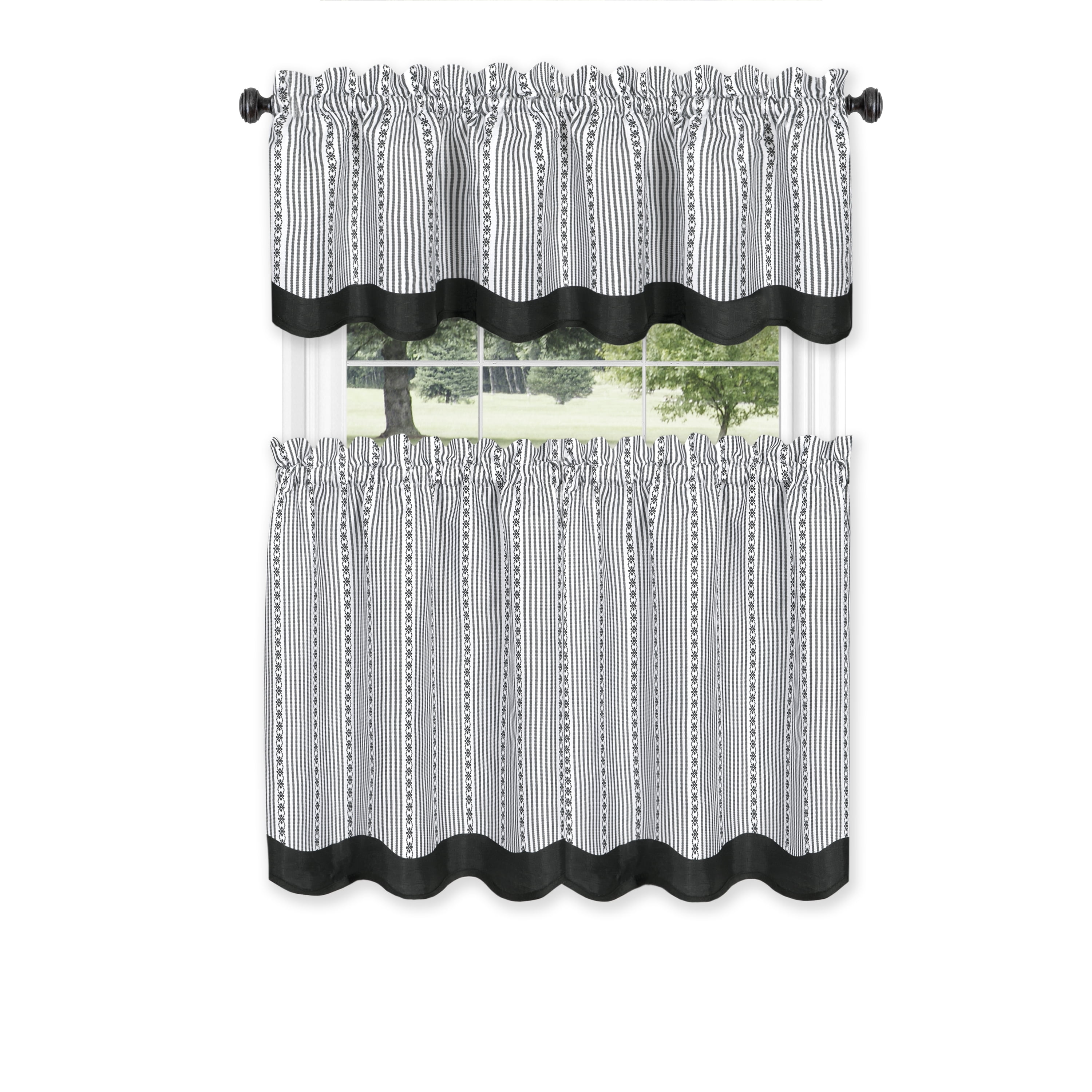 Black and White Polyester Tier Curtain and Valance Set