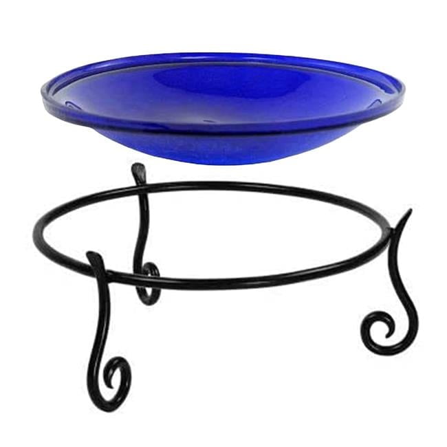 Cobalt Blue Hand Blown Glass Birdbath with Wrought Iron Stand