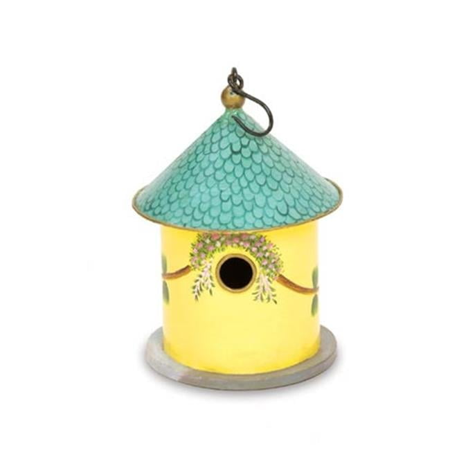 Yellow Hand-Painted Iron and Wood Cottage Birdhouse