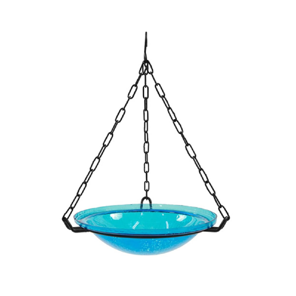 Teal Crackle Glass Birdbath Bowl with Wrought Iron Stand