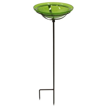 Achla Designs 12 In Hand Blown Crackle Glass Birdbath with Stake, Fern Green