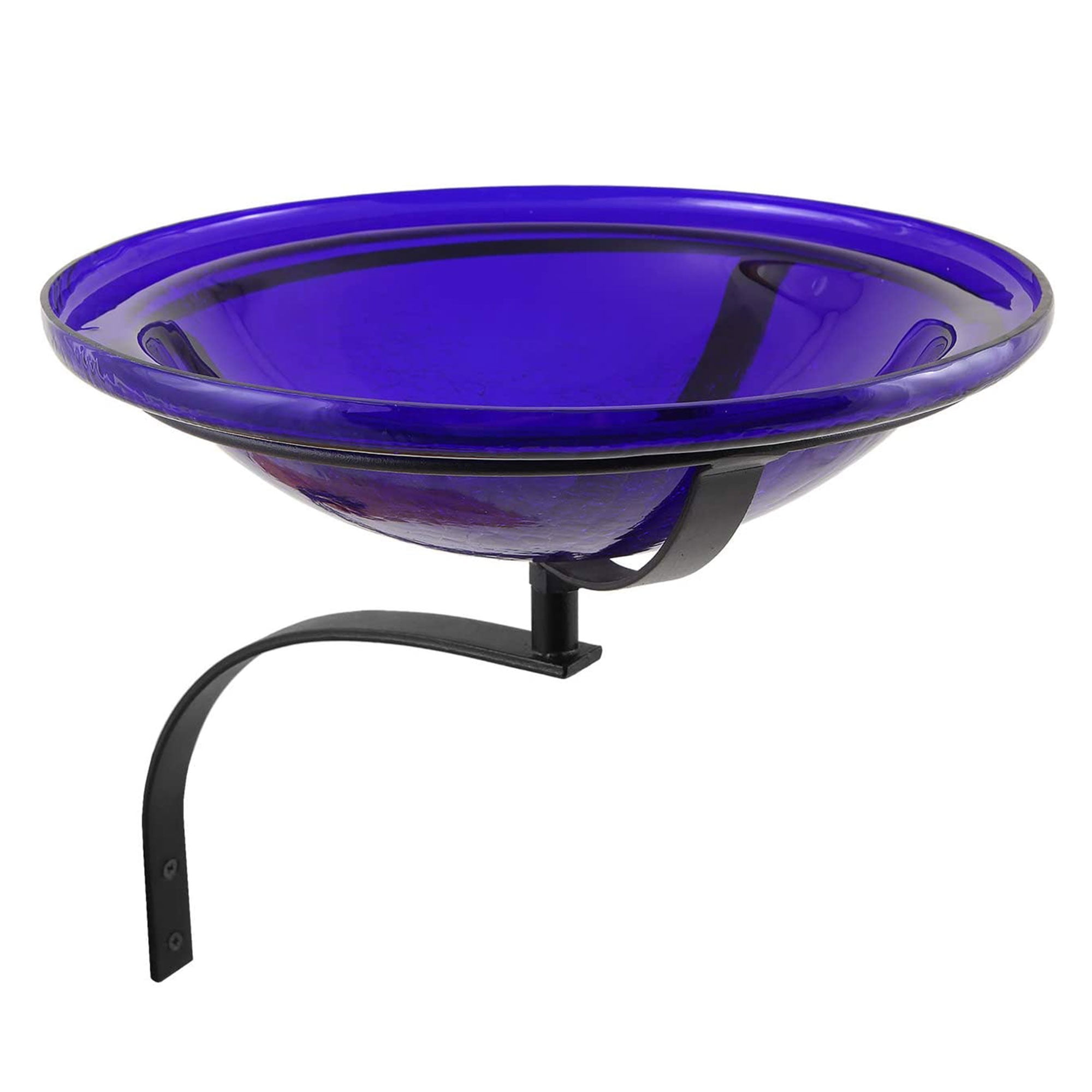 Cobalt Blue Crackle Glass Wall-Mounted Birdbath with Iron Bracket