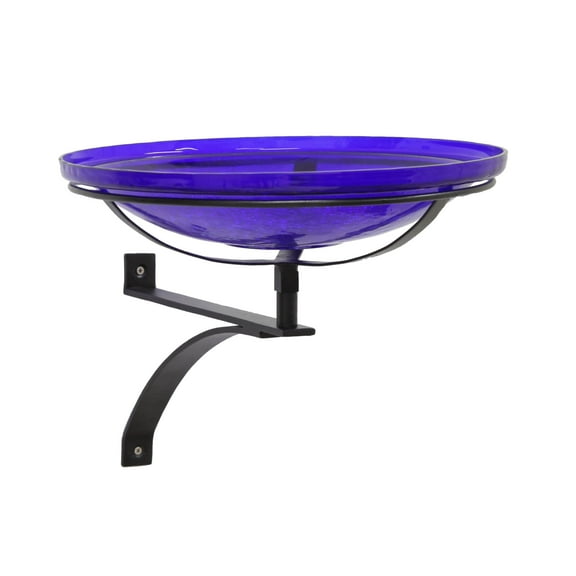 Achla Designs 14"Dia. Round Crackle Glass Birdbath w/Black Wrought Iron Wall Mount Bracket Blue