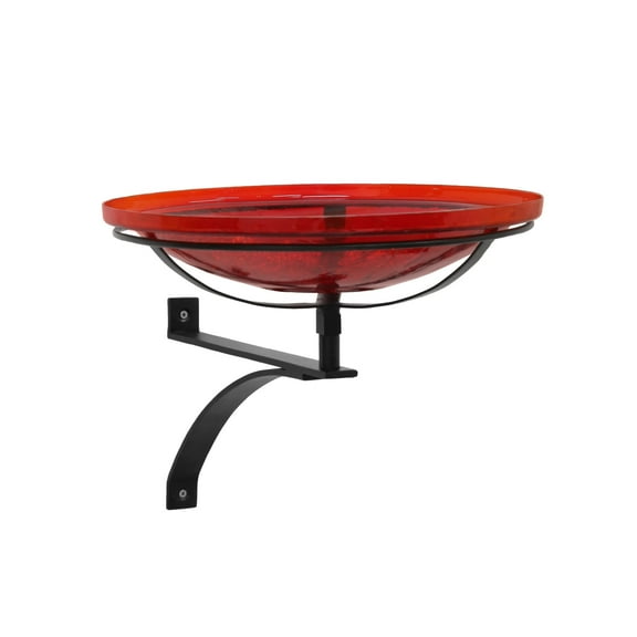Achla Designs 14"Dia. Round Crackle Glass Birdbath w/Black Wrought Iron Wall Mount Bracket Red