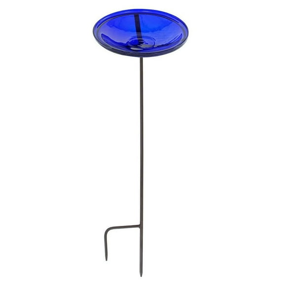 Achla Designs 14 In Hand Blown Crackle Glass Birdbath w/ Stake, Cobalt Blue