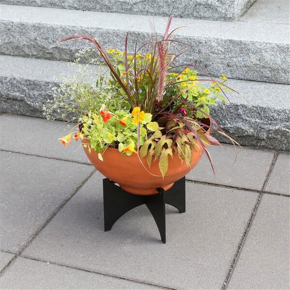 Achla Designs 16" W Round Burnt Sienna Galvanized Steel Planter Bowl w/Black Wrought Iron Plant Stand