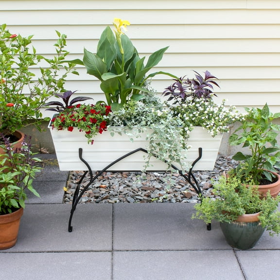 Achla Designs 35.25"L Rectangular Galvanized Steel Indoor Outdoor Large Flower Box w/Black Wrought Iron Bella Stand Cape Cod White, Black Powdercoat