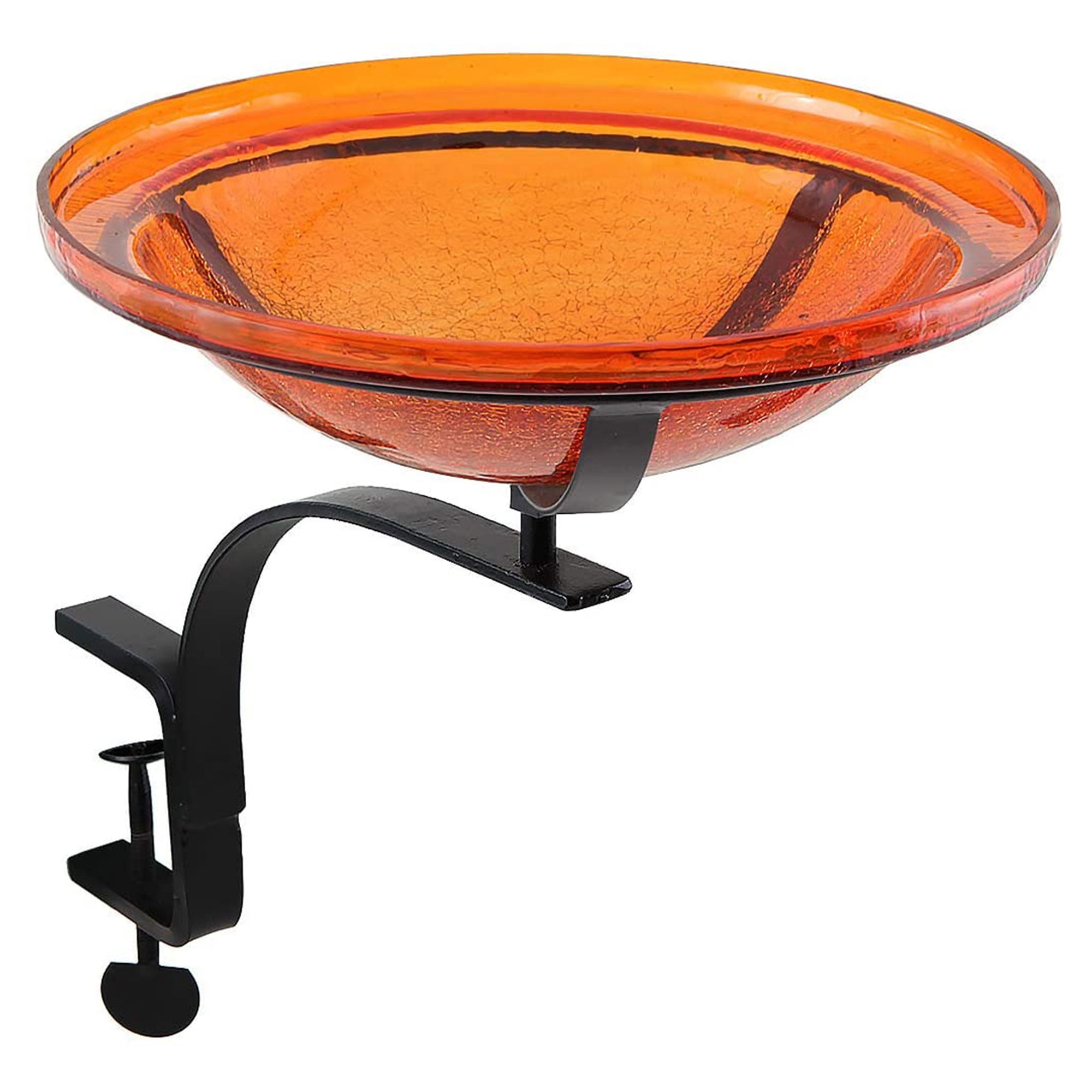Mandarin Orange Crackle Glass Birdbath with Rail Mount Bracket
