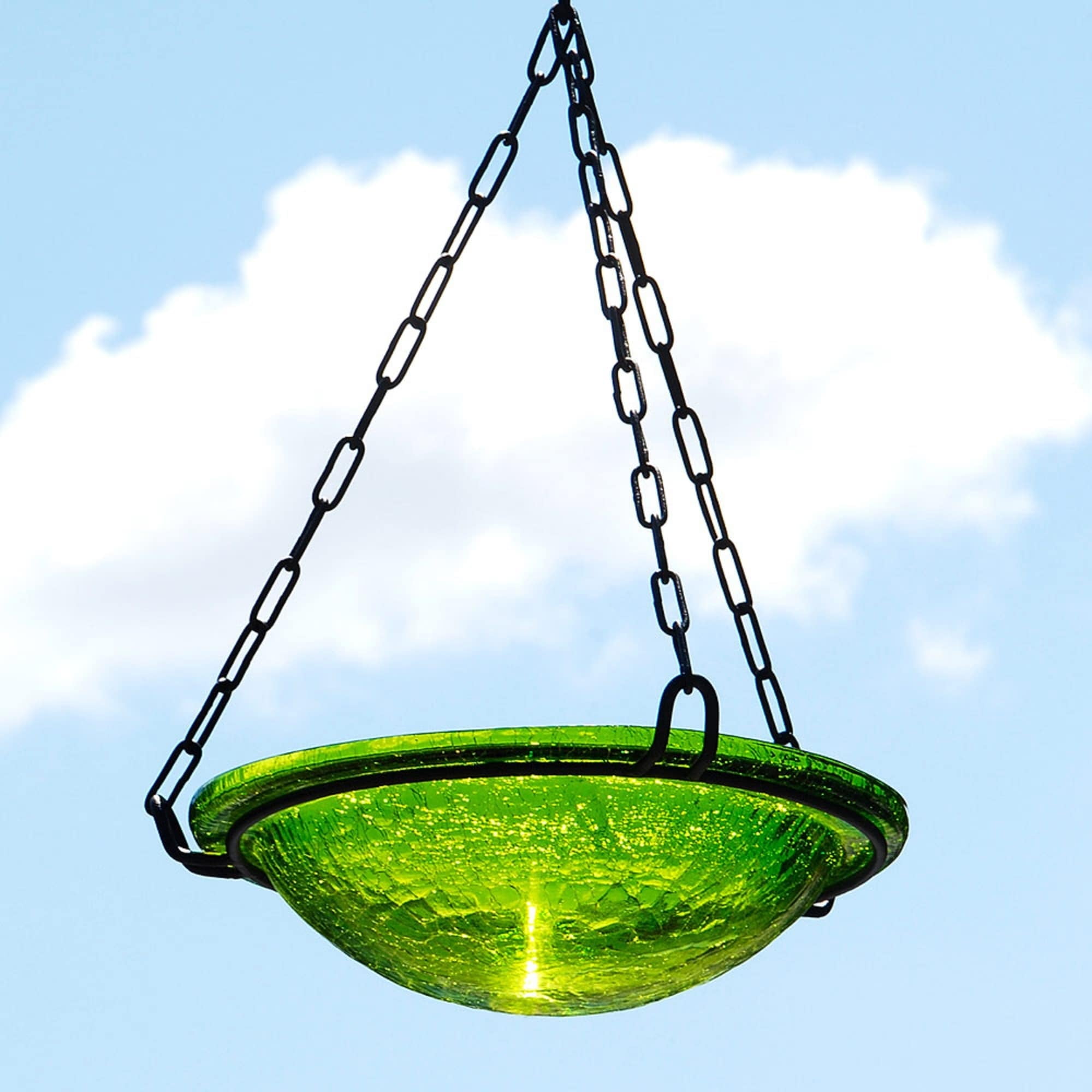 Fern Green Crackle Glass Hanging Birdbath with Wrought Iron Stand
