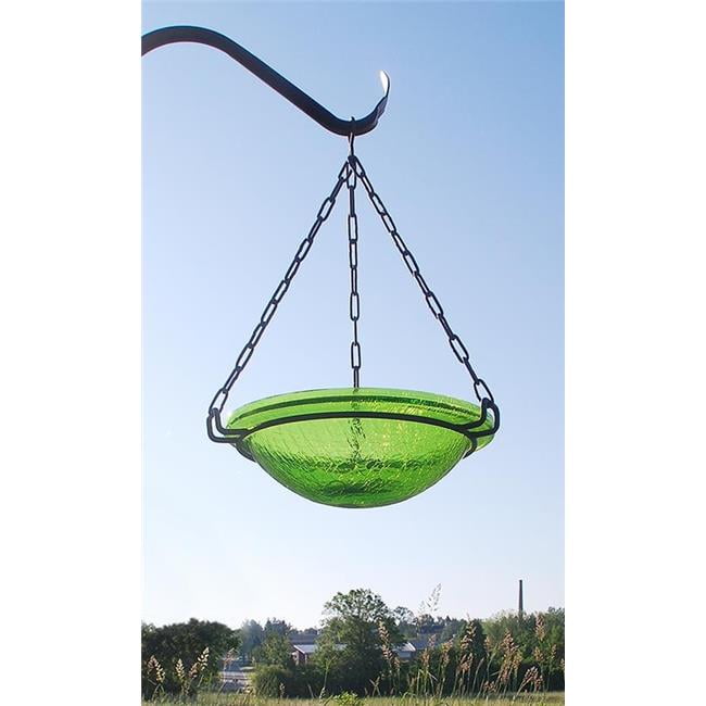 Fern Green Crackle Glass Hanging Birdbath with Wrought Iron Stand