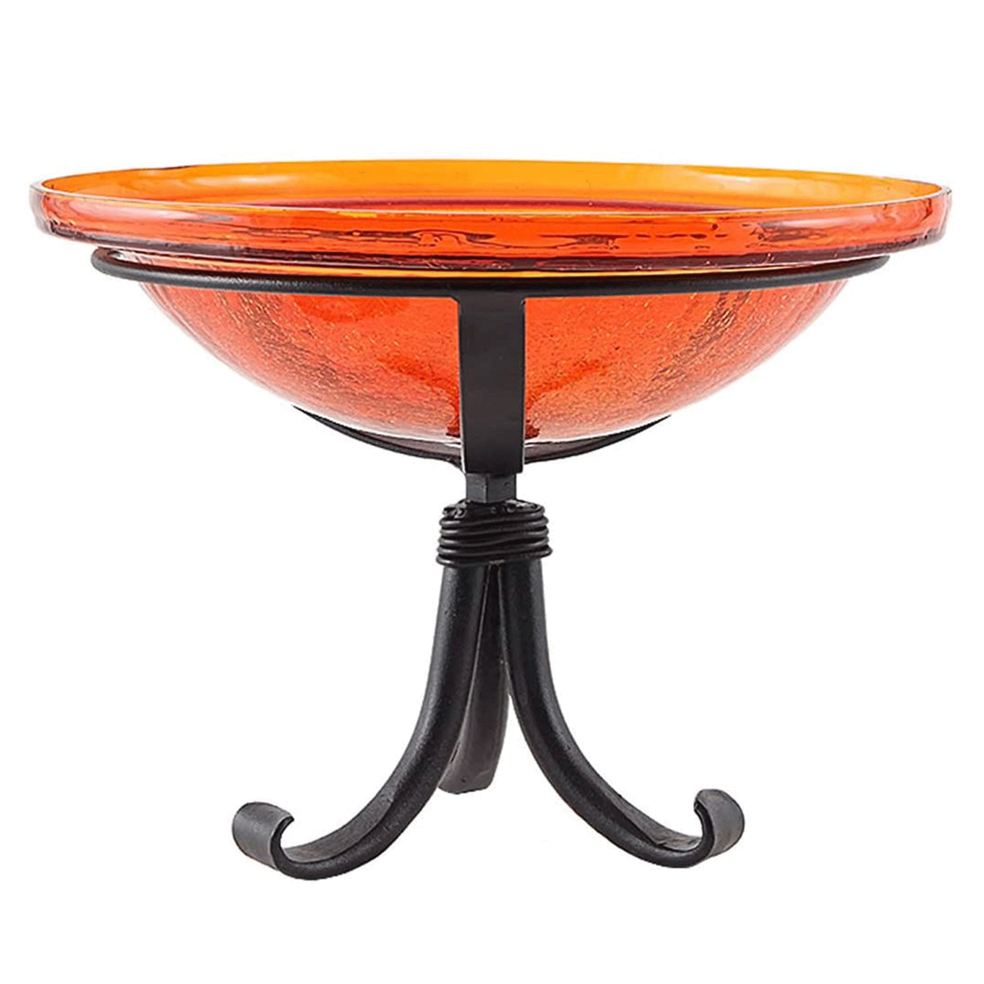 Mandarin Orange Crackle Glass Birdbath with Wrought Iron Tripod Stand
