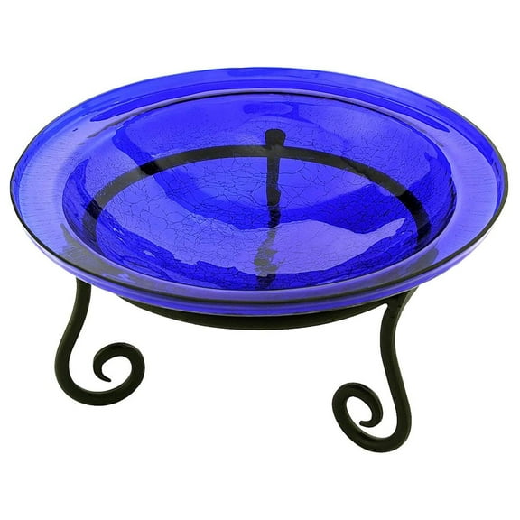 Achla Designs Hand Blown Crackle Glass Garden Birdbath with Stand, Cobalt