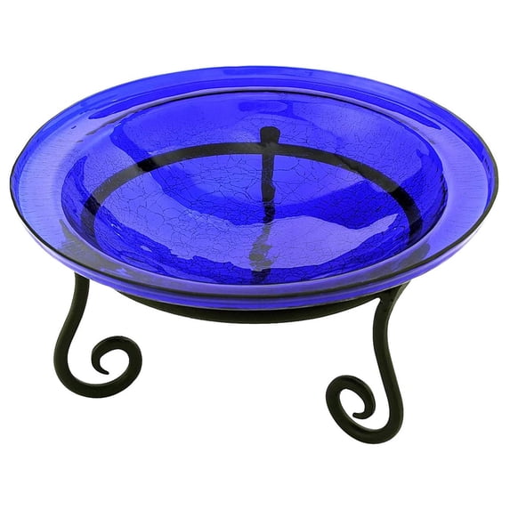Achla Designs Hand Blown Crackle Glass Garden Birdbath with Stand, Cobalt