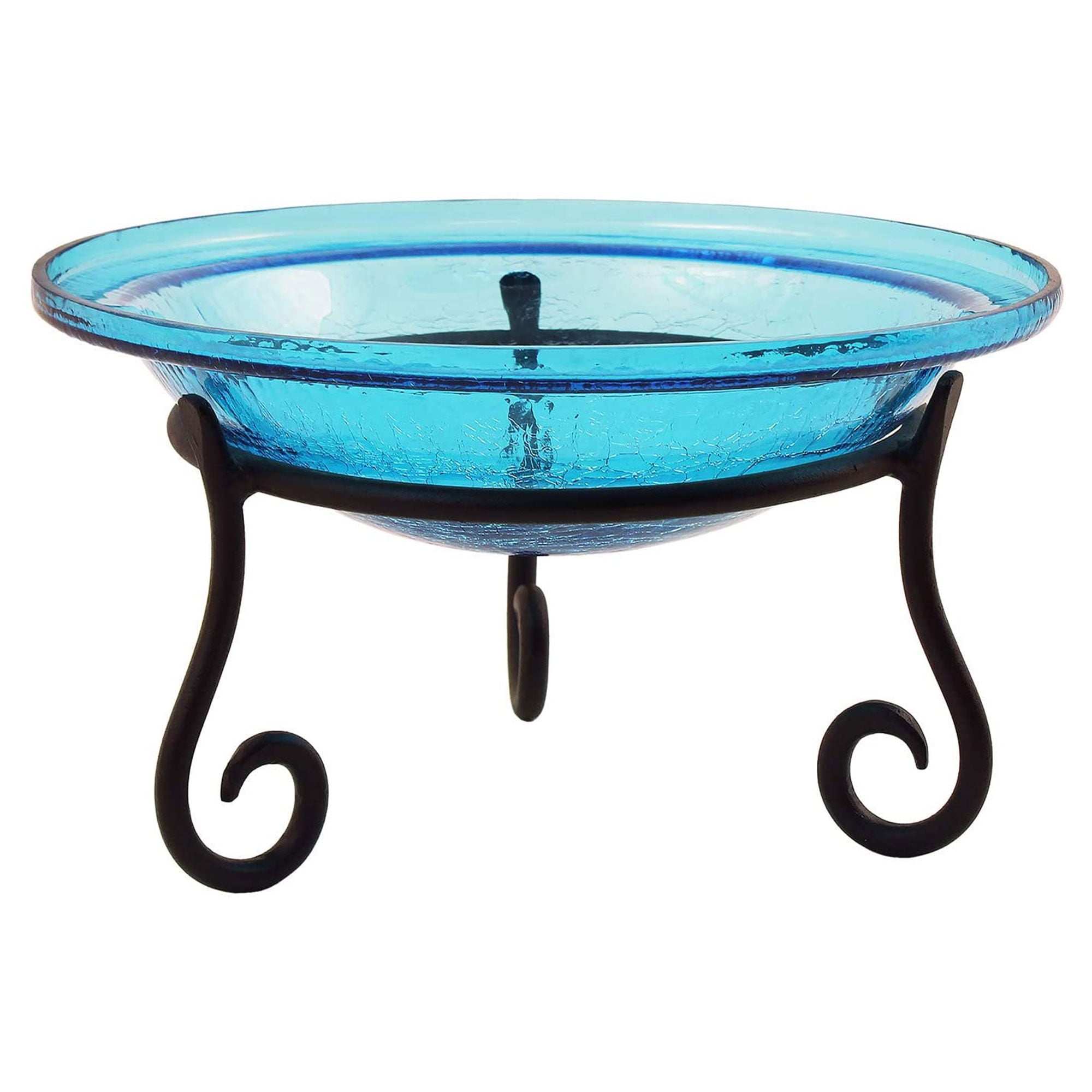 Teal Crackle Glass Birdbath Bowl with Wrought Iron Stand