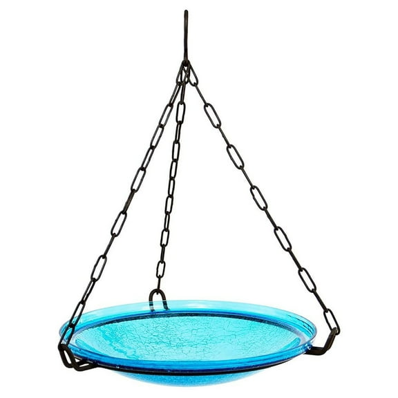 Achla Designs Hand Blown Crackle Glass Hanging Birdbath Bowl, Teal Blue