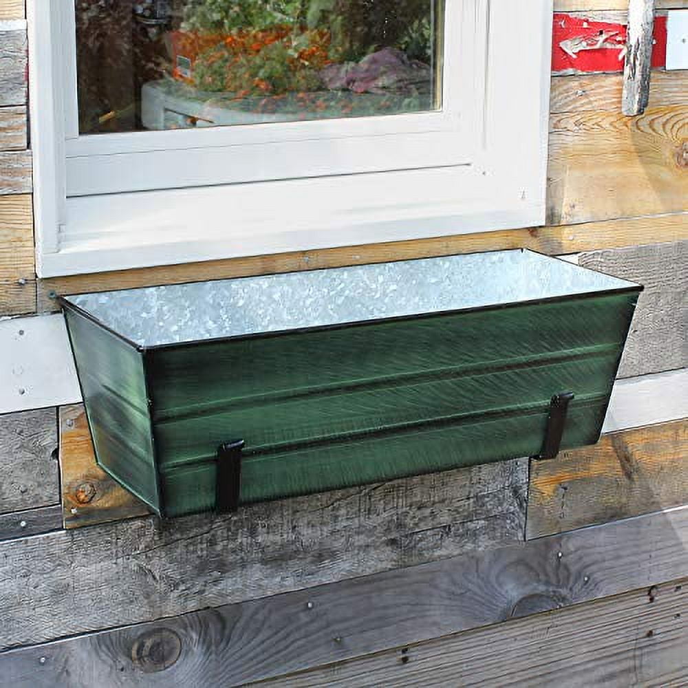 Medium Green Galvanized Steel Flower Box with Black Brackets