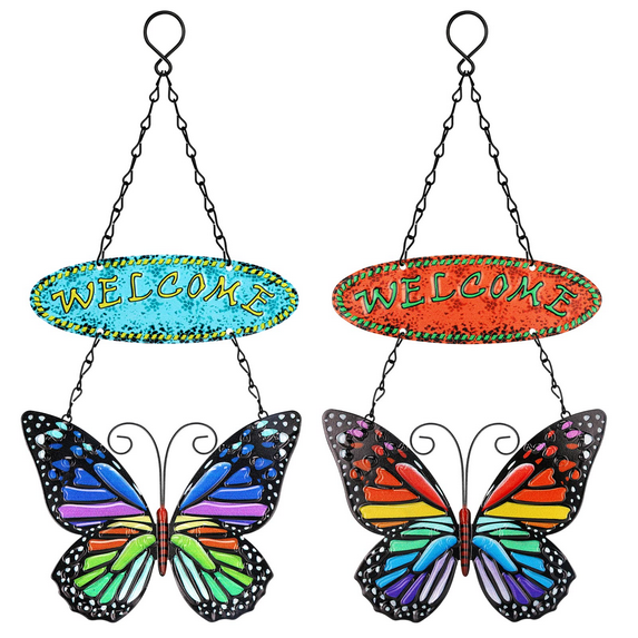 Achort 2pcs Butterfly Wall Decor Welcome Sign, Metal Outdoor Hanging Decor Wall Art, 13.4"x6.3"