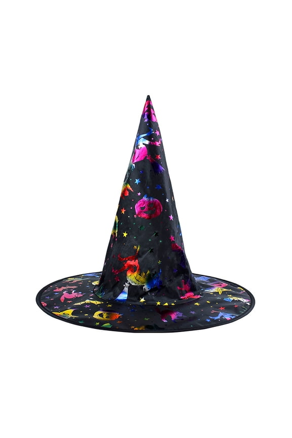 Halloween Rainbow Foil Witch Hat, Pumpkin & Witch Print Wide Brim Wizard Party Costume Hat