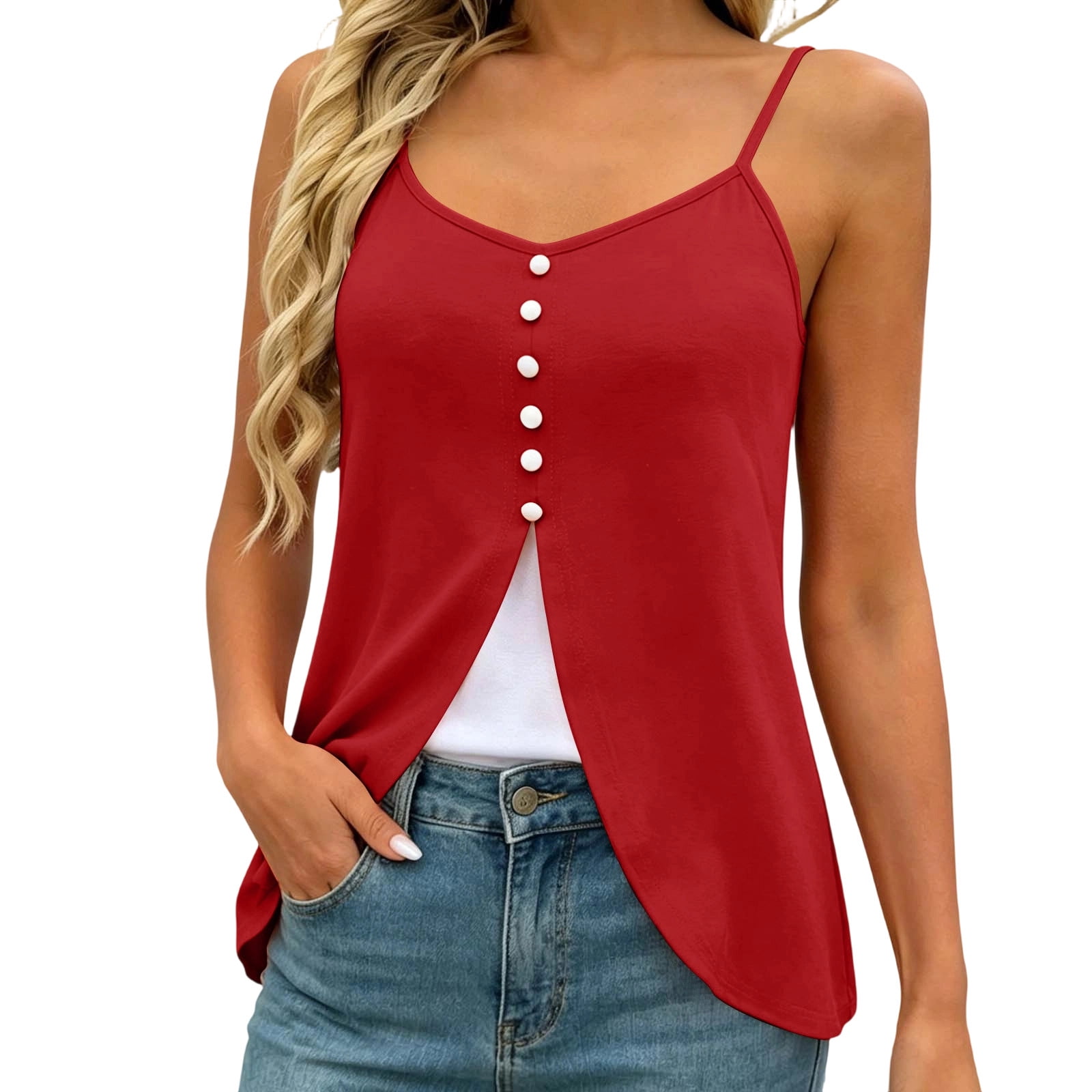 Achuyrbd Plus Size Women's 2-in-1 Spaghetti Strap Cami Top, Button