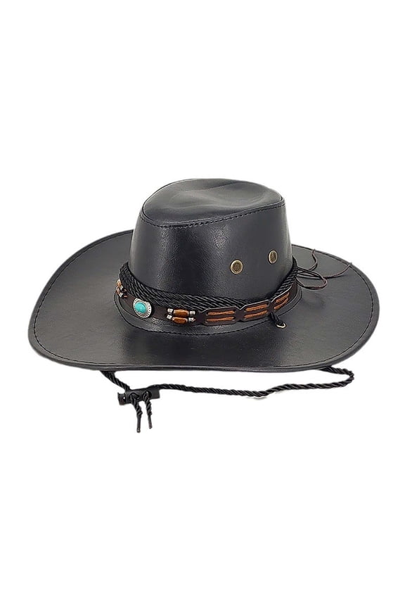 Retro Western Cowboy Hat with Turquoise Beaded Band, Faux Leather Wide Brim Outdoor Sun Hat