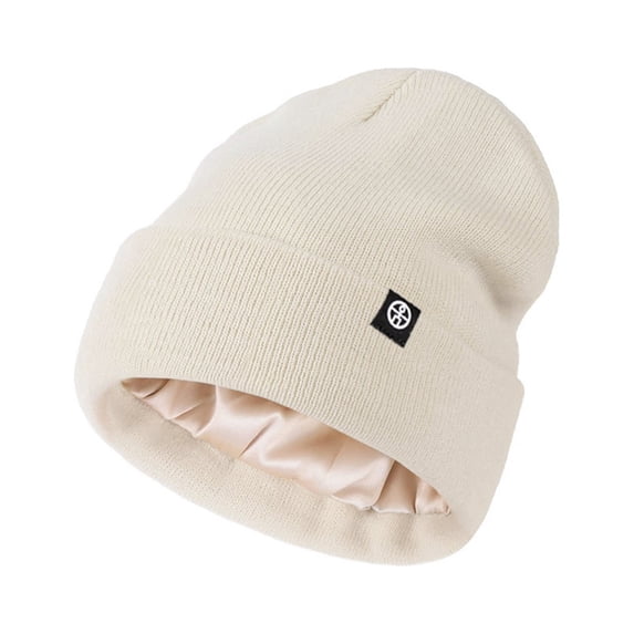 Achuyrbd Unisex Satin Lined Knit Beanie, Warm Cuffed Skull Cap, Anti-Frizz Winter Hat with Logo Tag, One Size Fits All