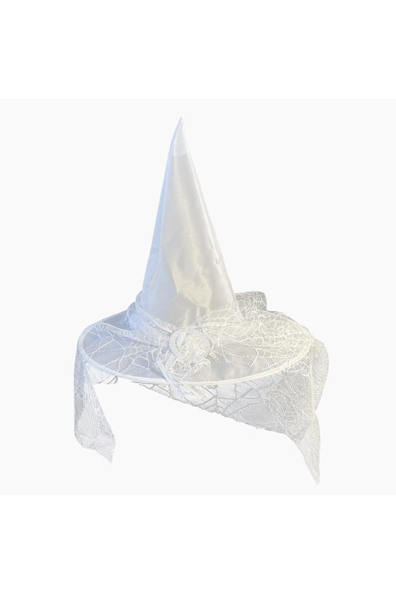 White Lace Witch Hat with Rhinestone Decor, Halloween Cosplay Wizard Costume Party Headwear