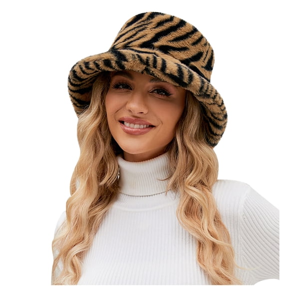 Achuyrbd Women's Animal Print Fuzzy Fleece Bucket Hat, Winter Leopard Zebra Plush Warm Fisherman Cap