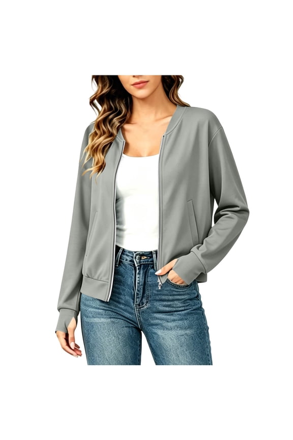 Women's Baseball Jacket Zip Up Cardigan Jacket V Neck Long Sleeve Bomber Coat with Thumb Hole Lightweight Casual Sweatshirts, S-2XL ,Gray