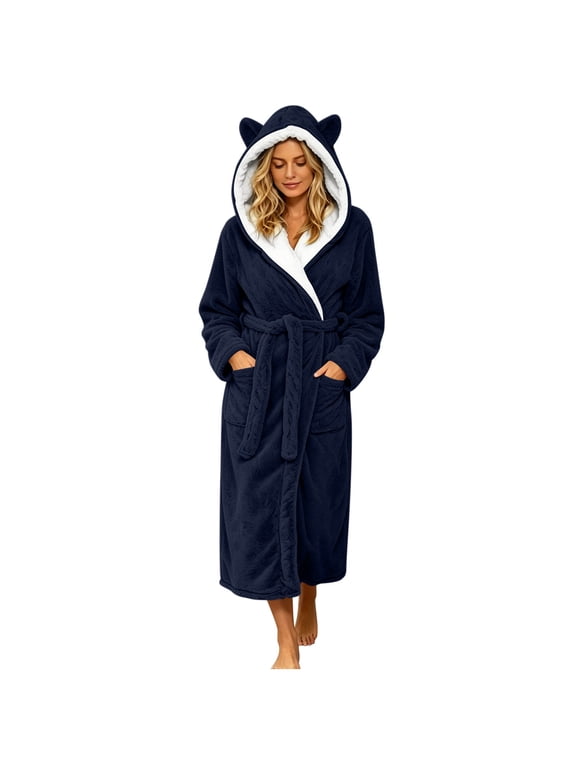 Women's Bear Ear Hooded Robe, Long Fleece Bathrobe with Belt and Pockets, Cozy Winter Home Wear, S-2XL