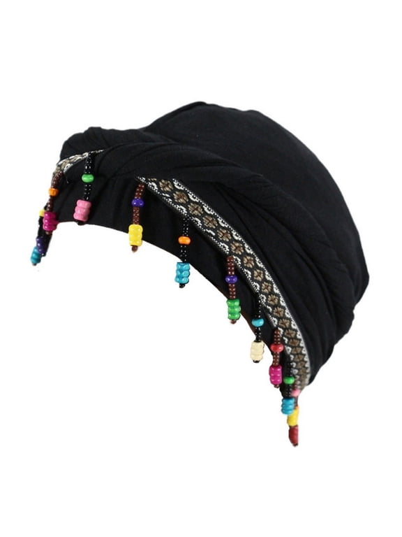 Women's Bohemian Beaded Turban Head Wrap, Satin Lined Twist Head Scarf