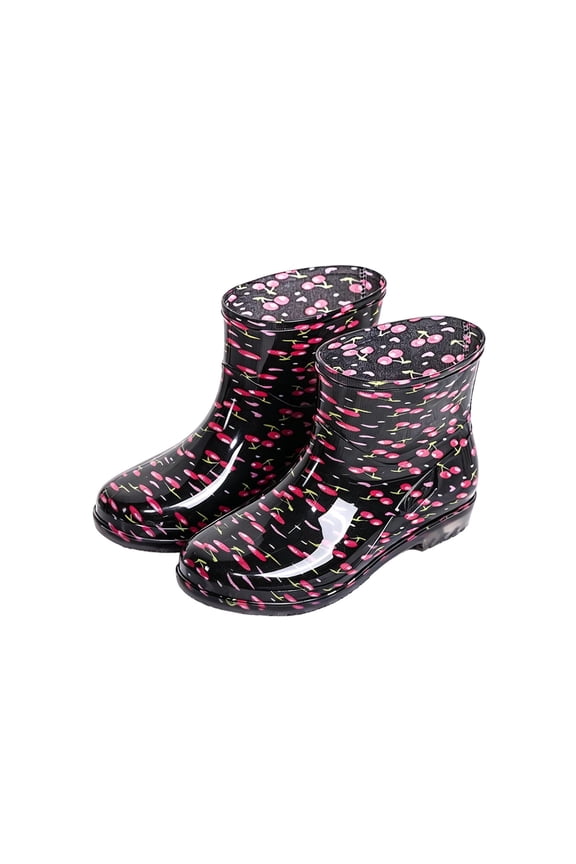 Women's Cherry Print Short Rain Boots, Waterproof Rubber Wellies with/without Removable Fleece Lining for Gardening
