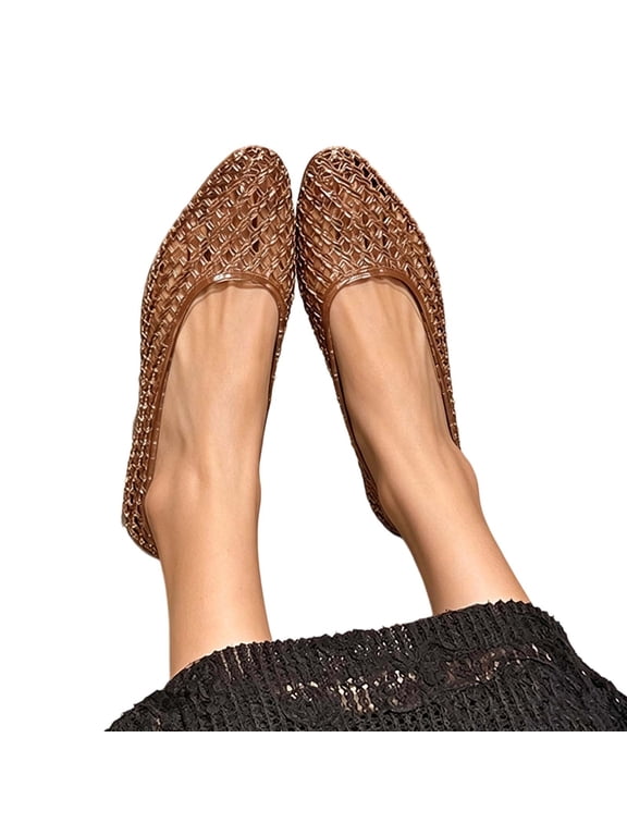 Women's Chic Pointed Toe Jelly Flats Hollow PVC Sandals Breathable All-Day Casual Flat Shoes for Summer