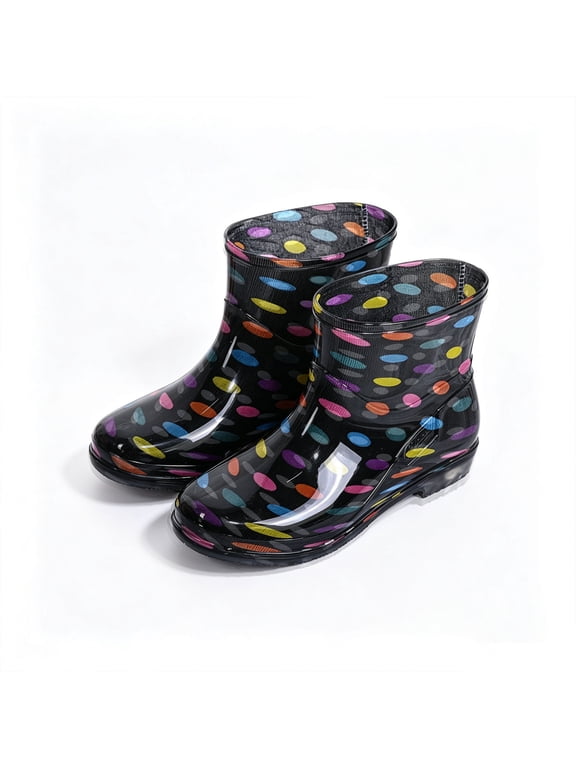 Women's Dot PVC Ankle Rain Boots, Glossy Surface Slip-On Design, Waterproof Lightweight Short Wellies